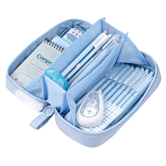Blue pencil case opened to show compartments and stationery