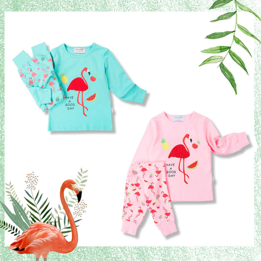 Folded pink and turquoise flamingo-print pajama sets
