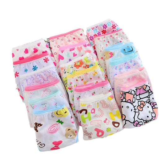 Assorted girls underwear arranged in three columns of floral and character prints