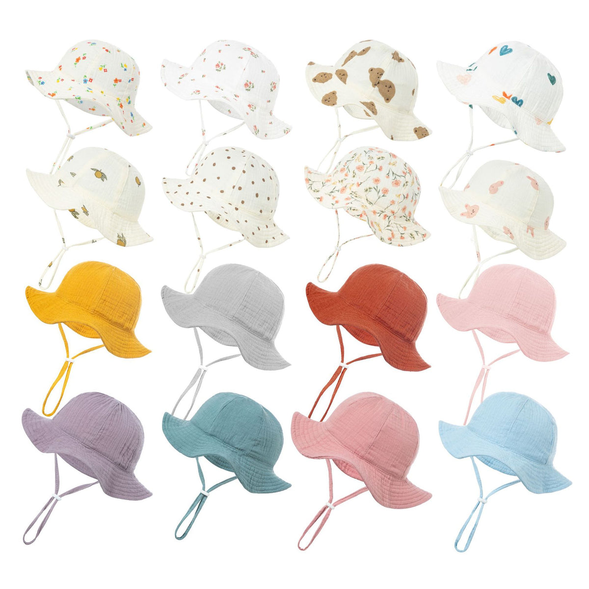 Baby sun hats in assorted solid colors and printed designs
