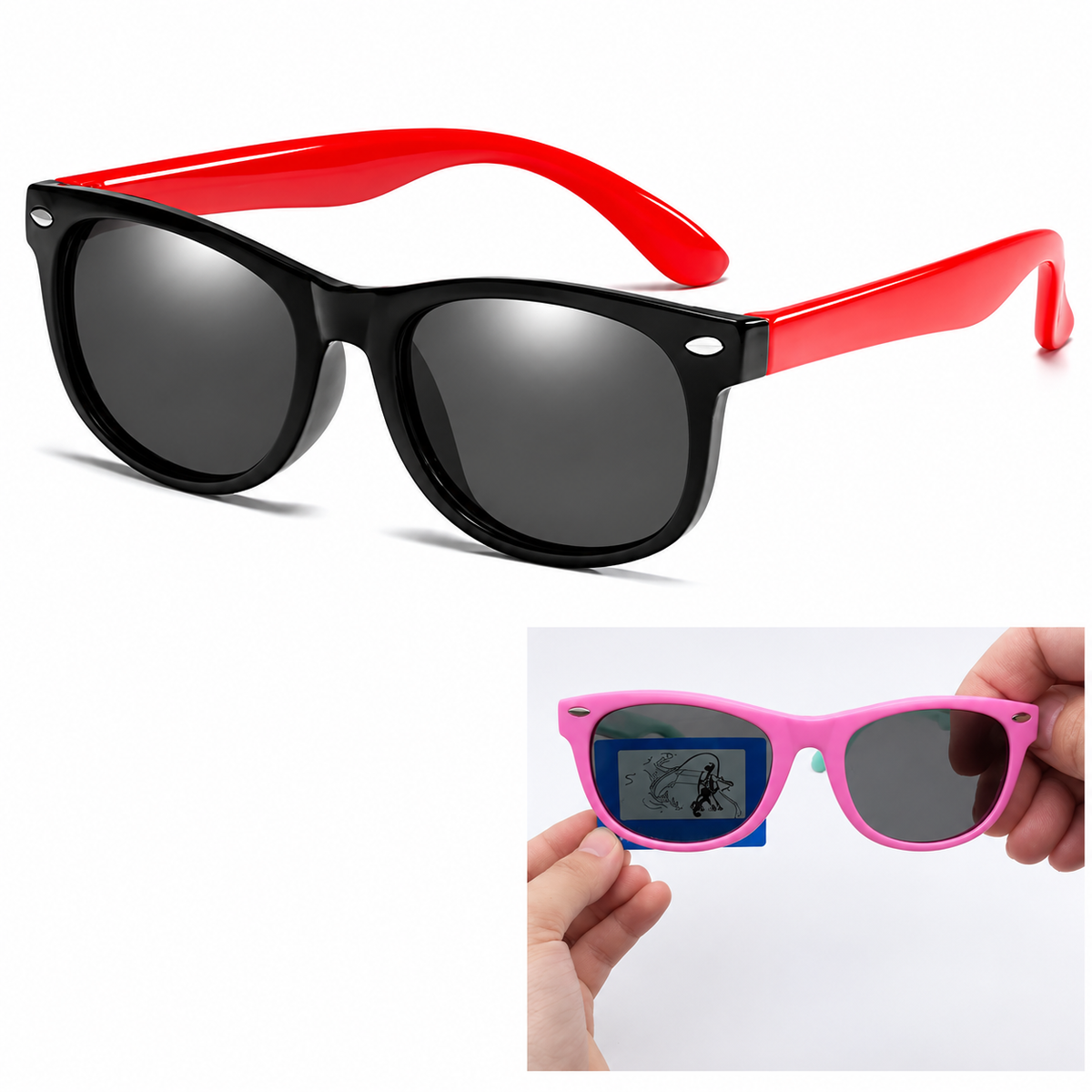 Black kids sunglasses with red arms and a pink pair in an inset lens demonstration