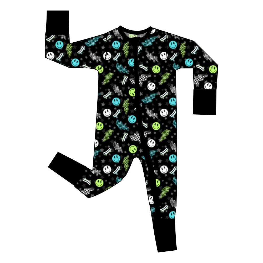 Black space-print zip-up baby sleeper with black cuffs