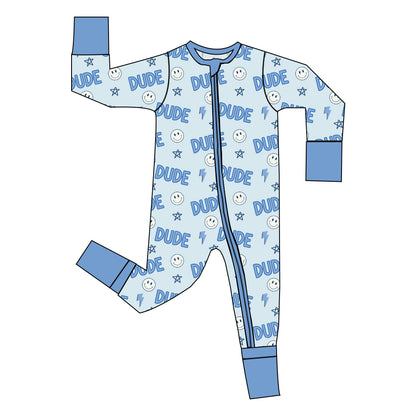 Blue printed zip-up baby sleeper with blue cuffs