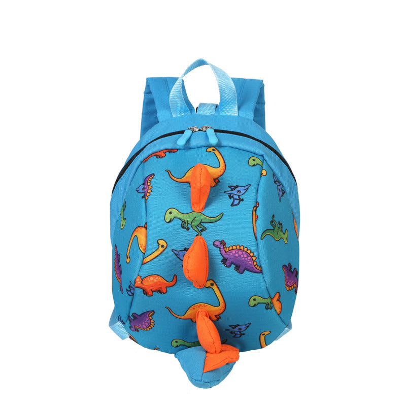 Blue toddler backpack with colorful dinosaur print