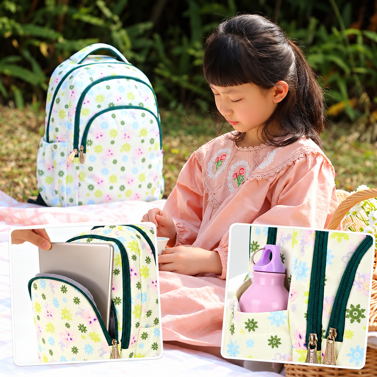 Child beside a light green floral backpack at a picnic table