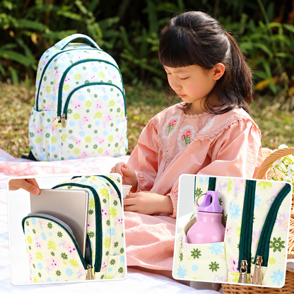 Child beside a light green floral backpack at a picnic table