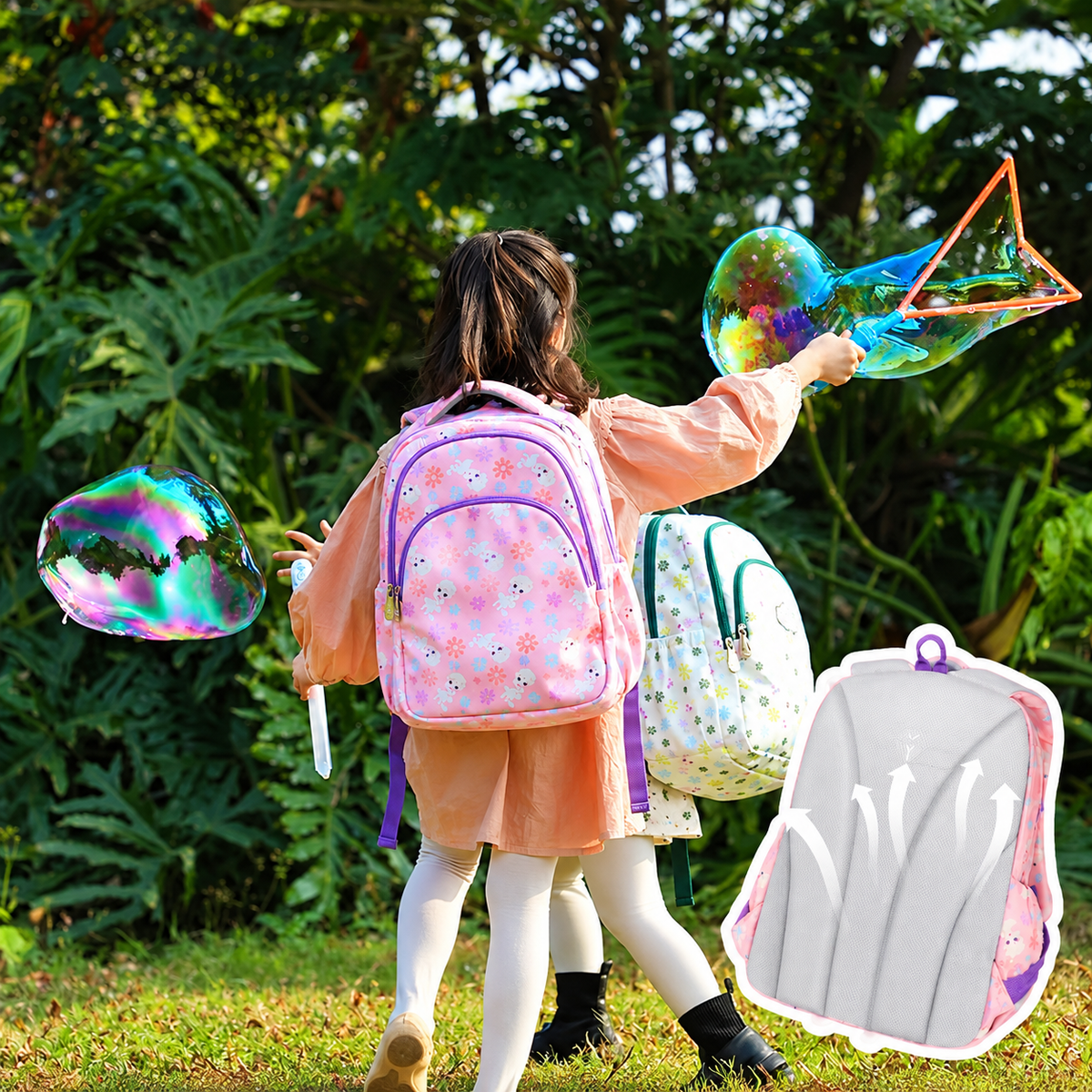 Children with pink and light green backpacks playing with bubbles