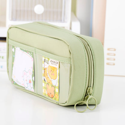 Closed green pencil case with front display pockets