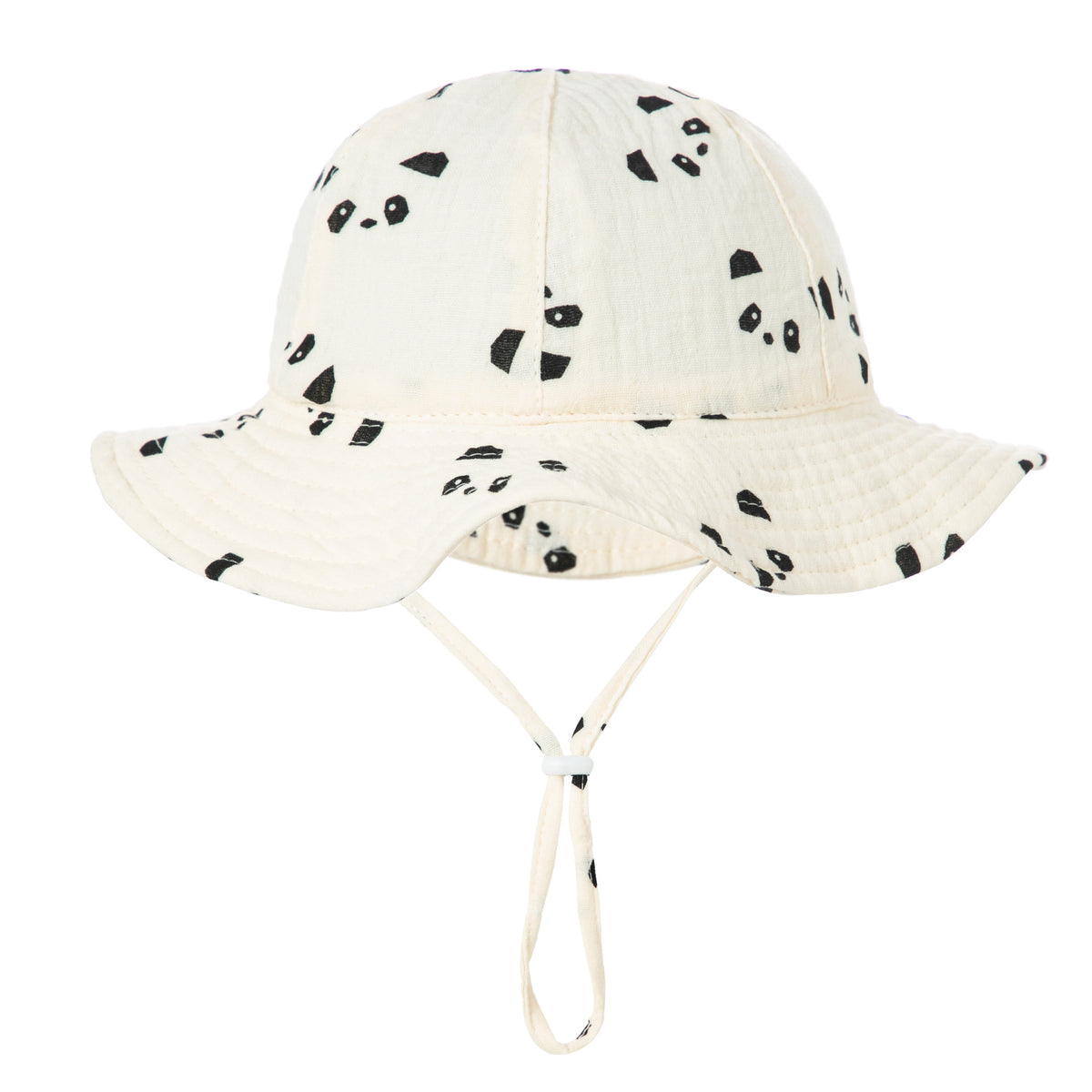 Cream baby sun hat with black panda print and chin strap