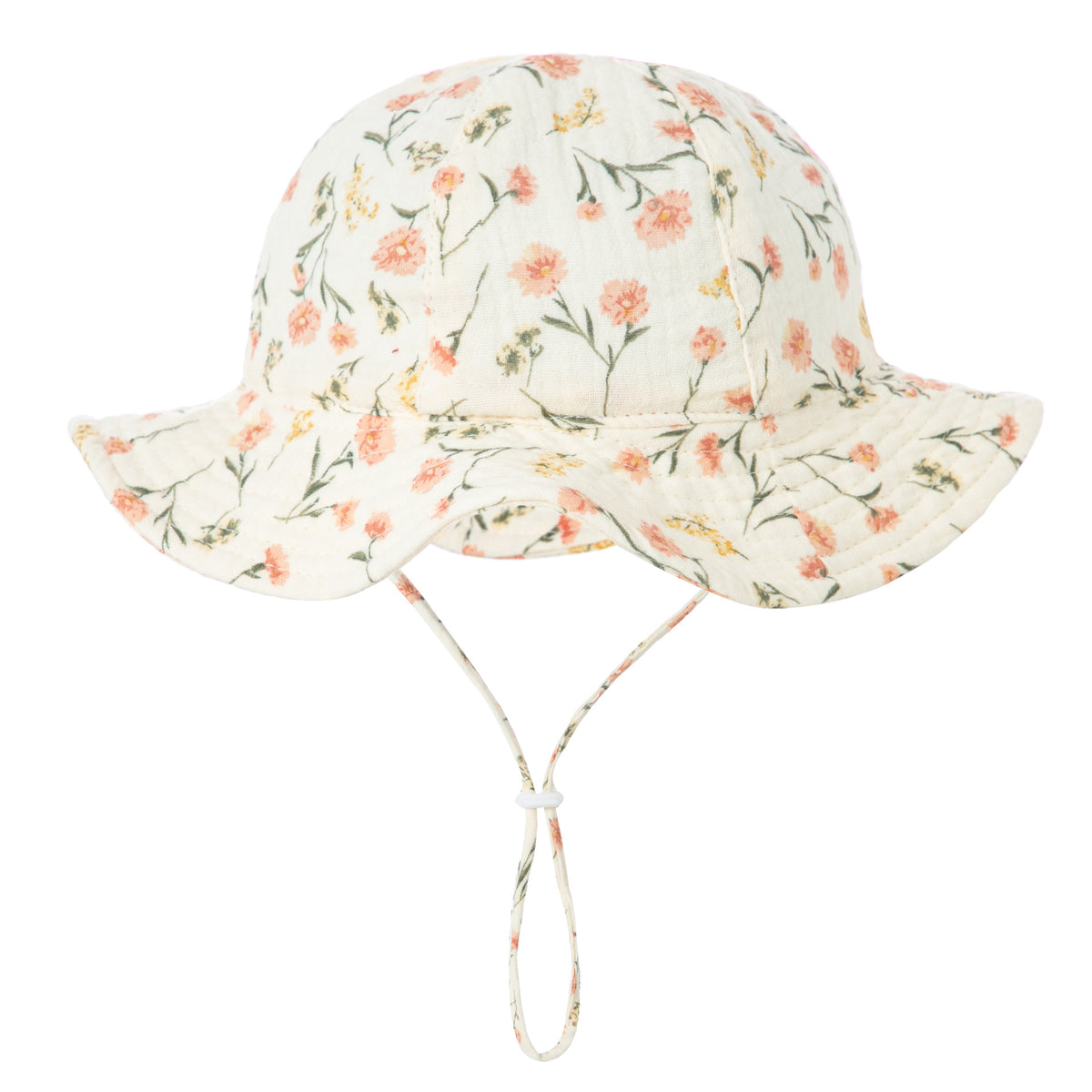 Cream baby sun hat with delicate floral print and chin strap