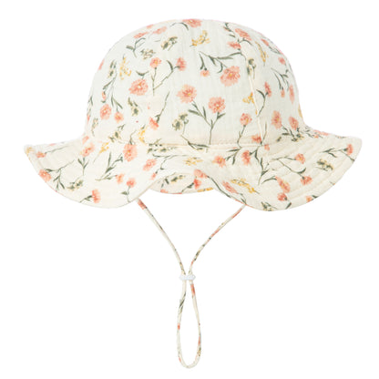 Cream baby sun hat with delicate floral print and chin strap