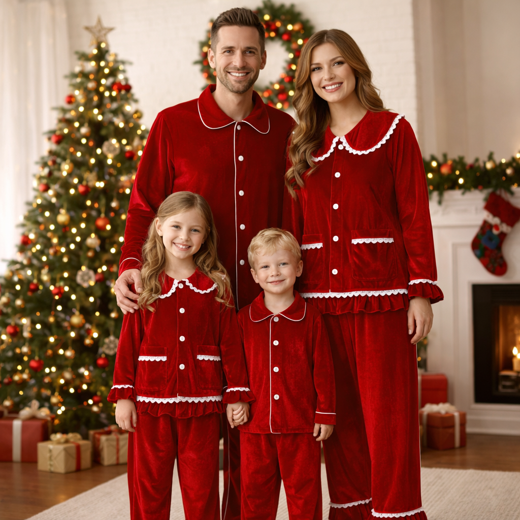 Family wearing matching red button-up pajamas beside a Christmas tree