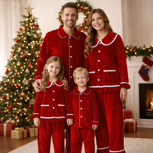 Family wearing matching red button-up pajamas beside a Christmas tree