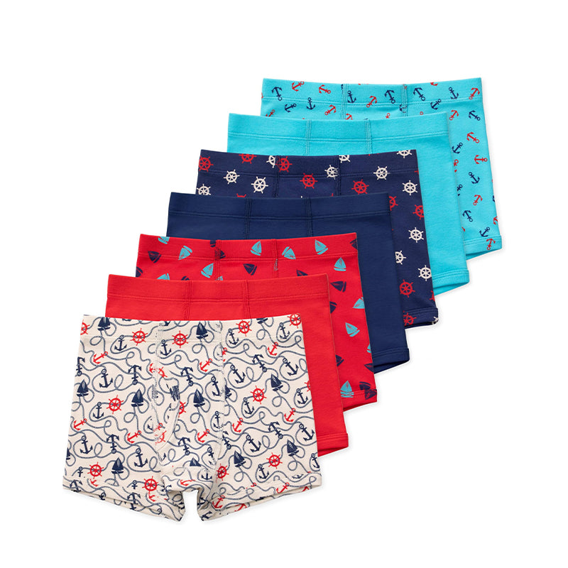 Five boys boxer briefs in turquoise, navy, red and white prints