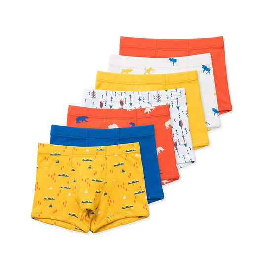 Five boys boxer briefs in yellow, navy, white and orange prints