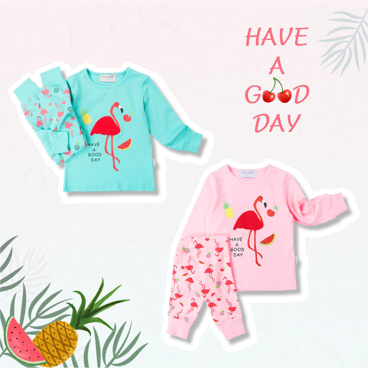 Folded flamingo-print pajama sets beside decorative lettering