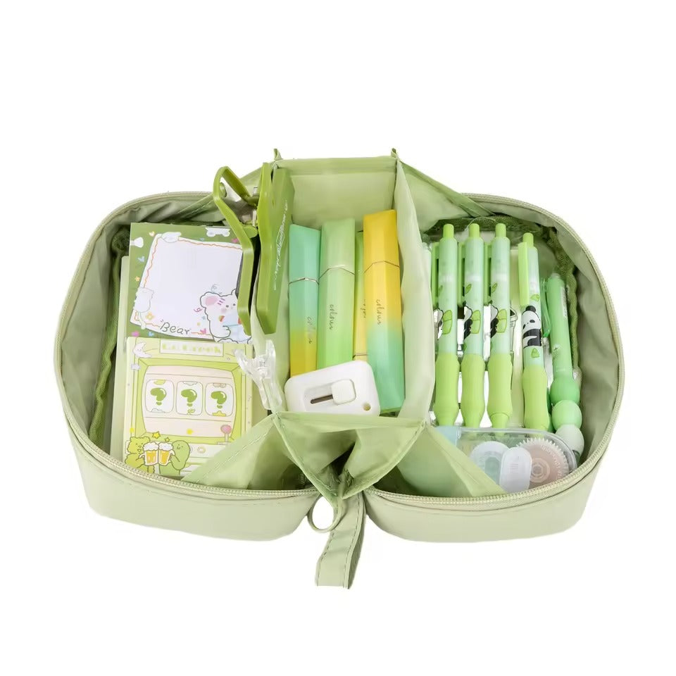 Green pencil case opened to show compartments and stationery