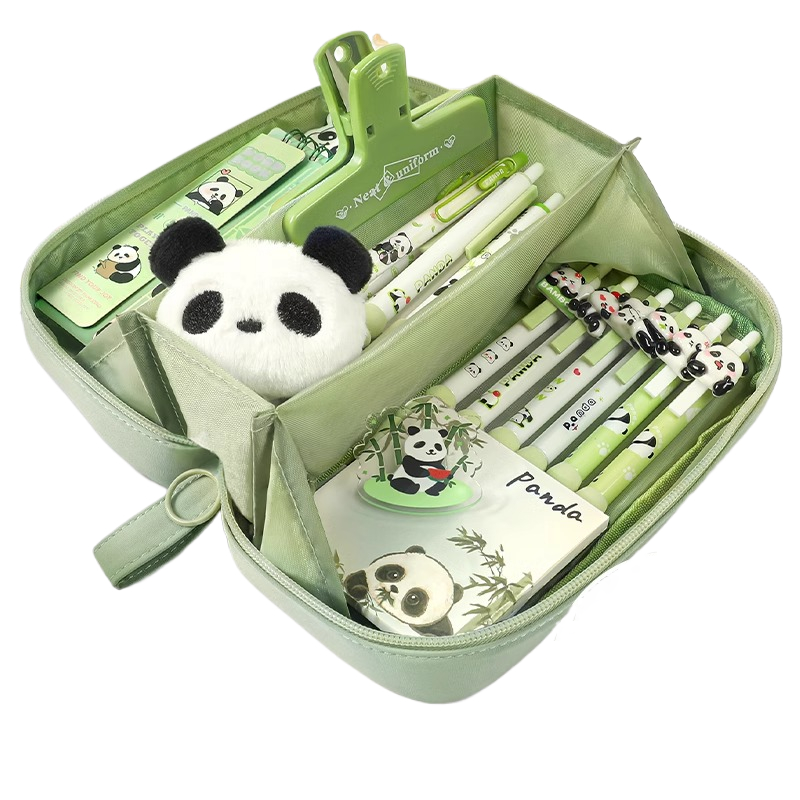 Green pencil case opened with pens, scissors and small accessories