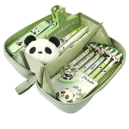 Green pencil case opened with pens, scissors and small accessories