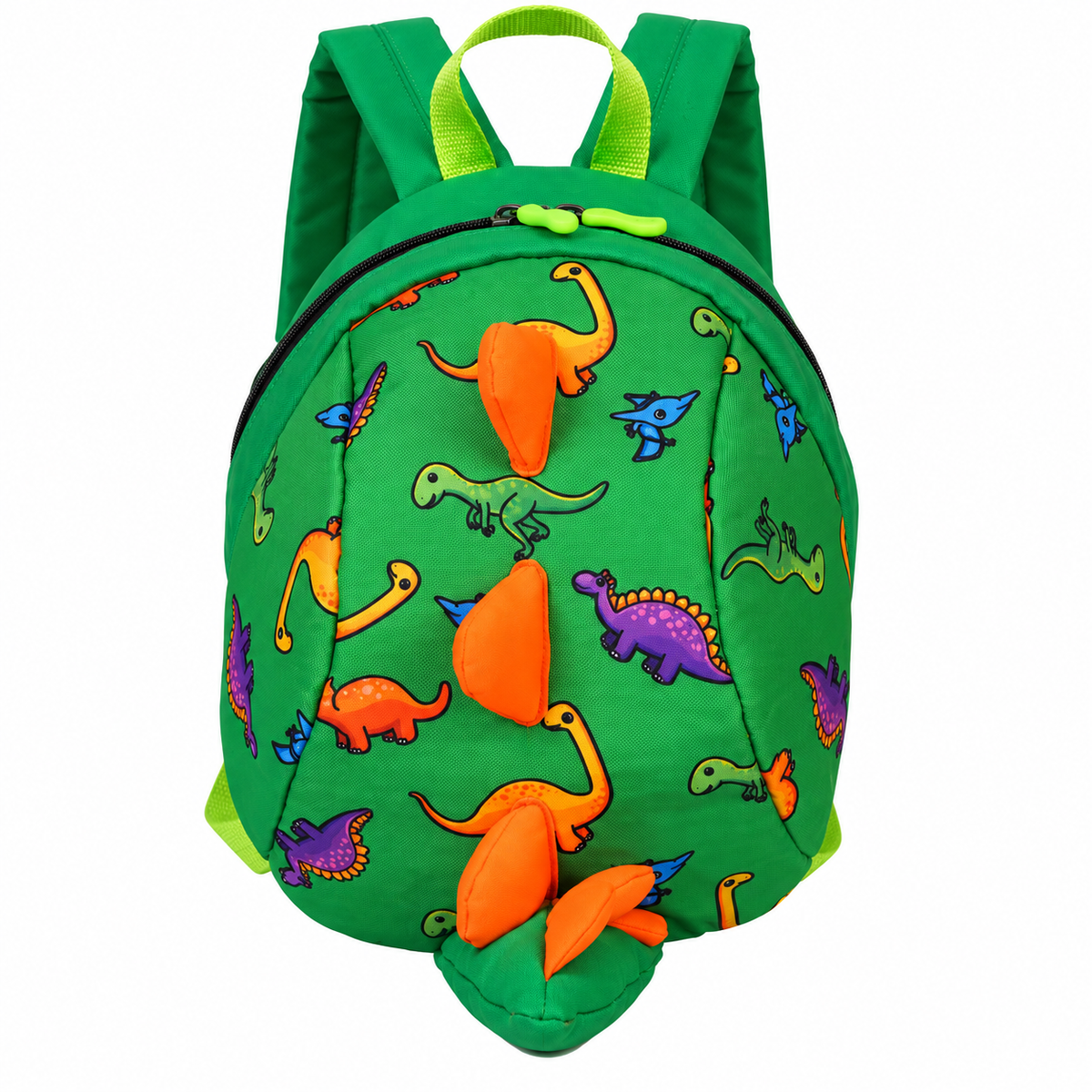 Green toddler backpack with colorful dinosaur print