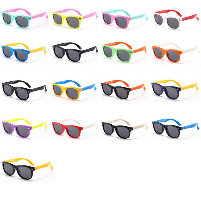 Kids sunglasses arranged in a grid of assorted frame and arm colors