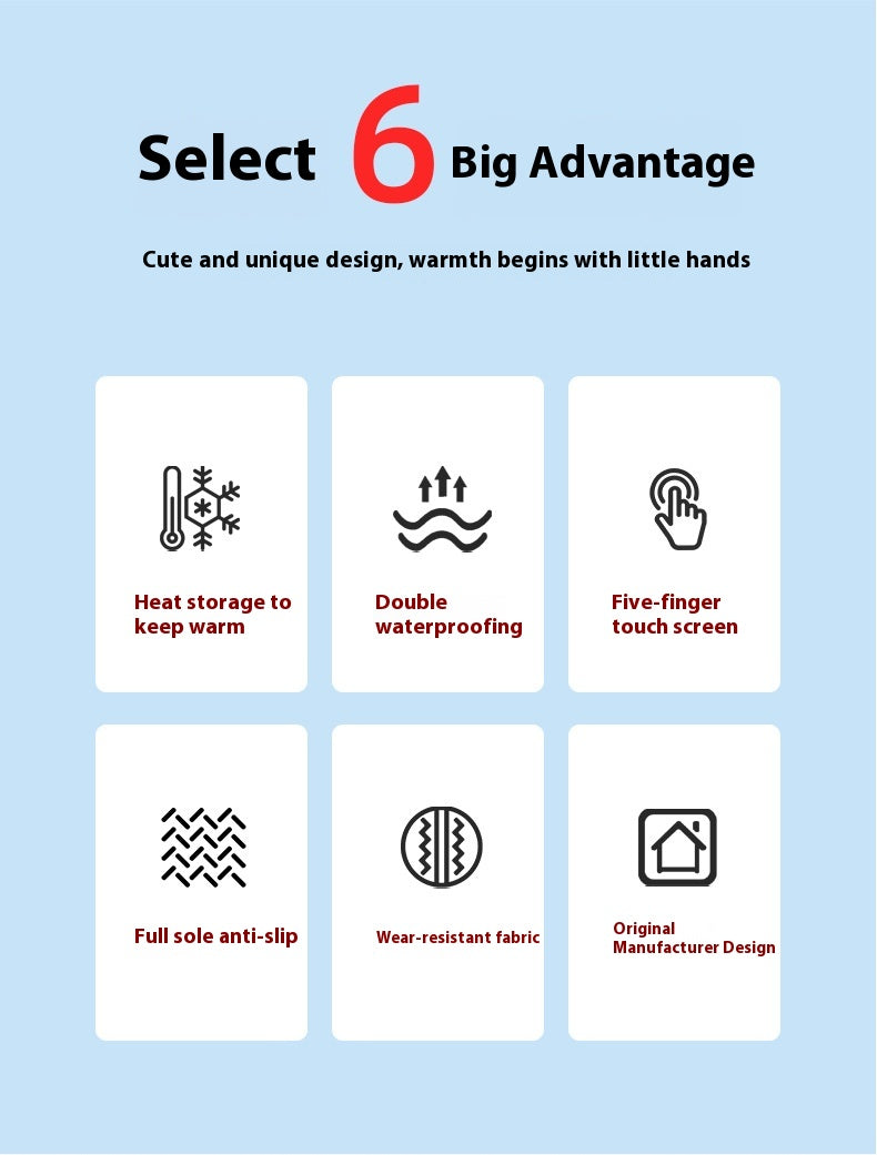 Kids winter glove feature diagram describing warmth, lining and water resistance