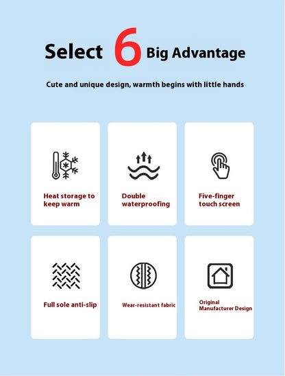 Kids winter glove feature diagram describing warmth, lining and water resistance