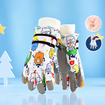 Kids winter gloves displayed in assorted colorful cartoon prints