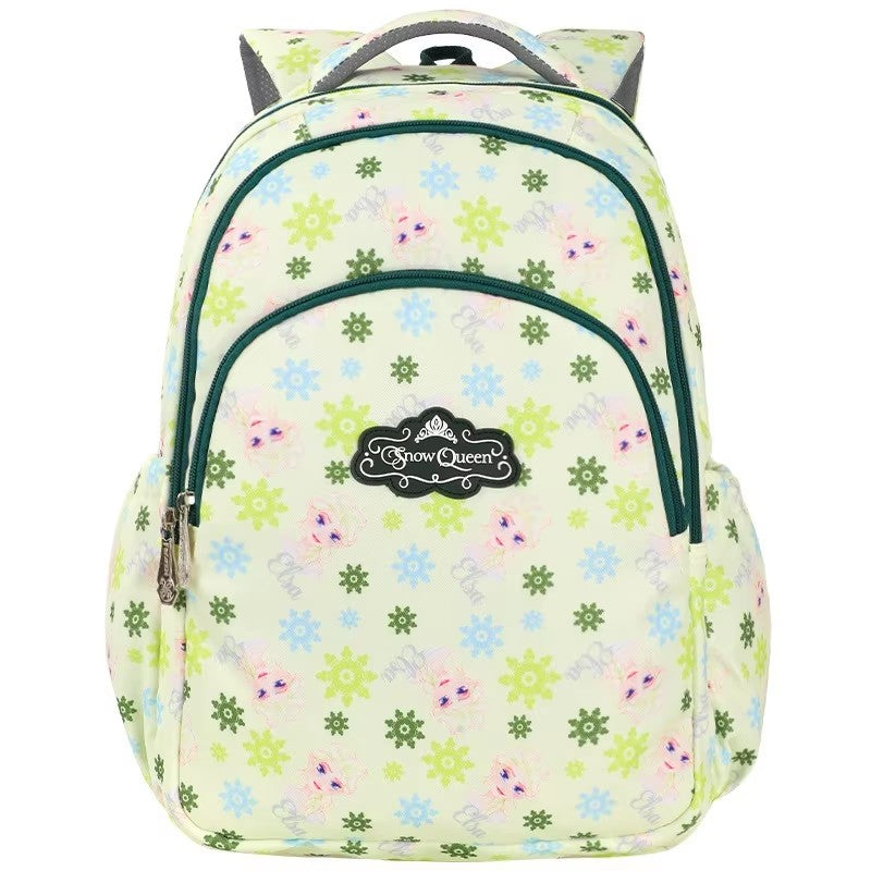 Light green floral school backpack showing front pockets and top handle