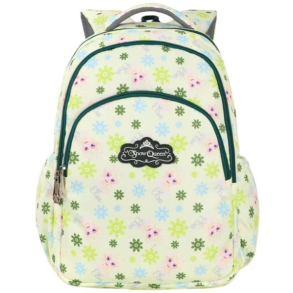 Light green floral school backpack showing front pockets and top handle