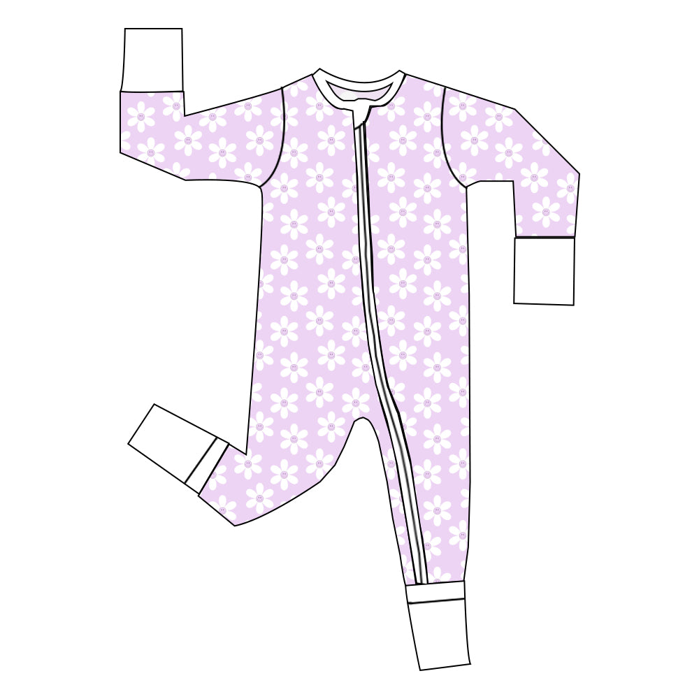 Lilac zip-up baby sleeper with white floral print and white cuffs