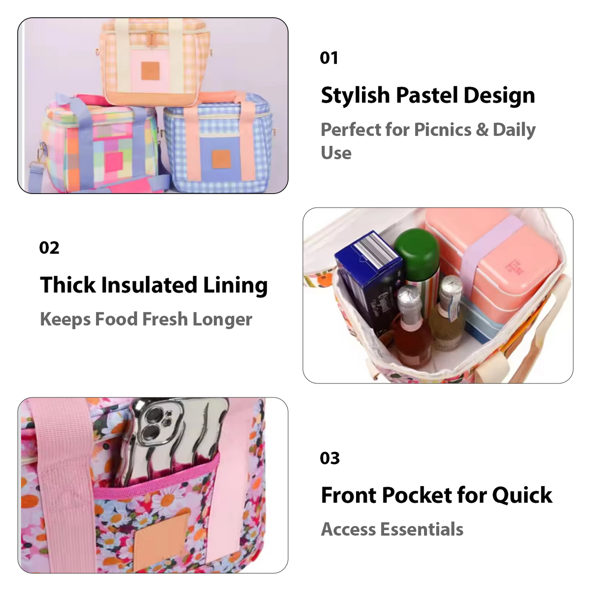 Lunch bag feature collage showing pastel design and insulated interior