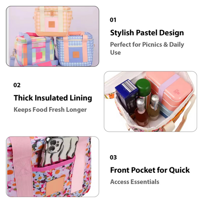 Lunch bag feature collage showing pastel design and insulated interior
