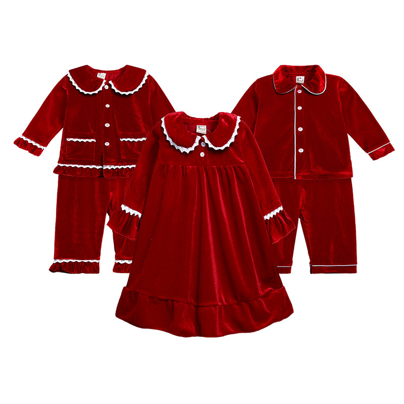 Matching red button-up pajama tops and pants with a red dress
