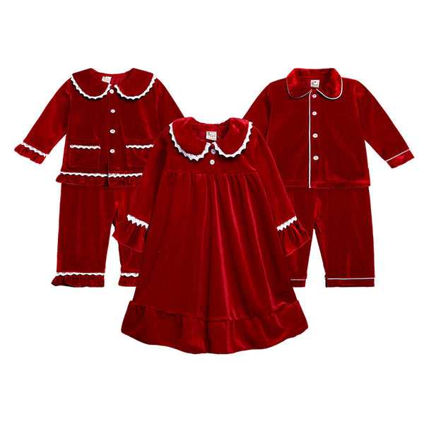Matching red button-up pajama tops and pants with a red dress