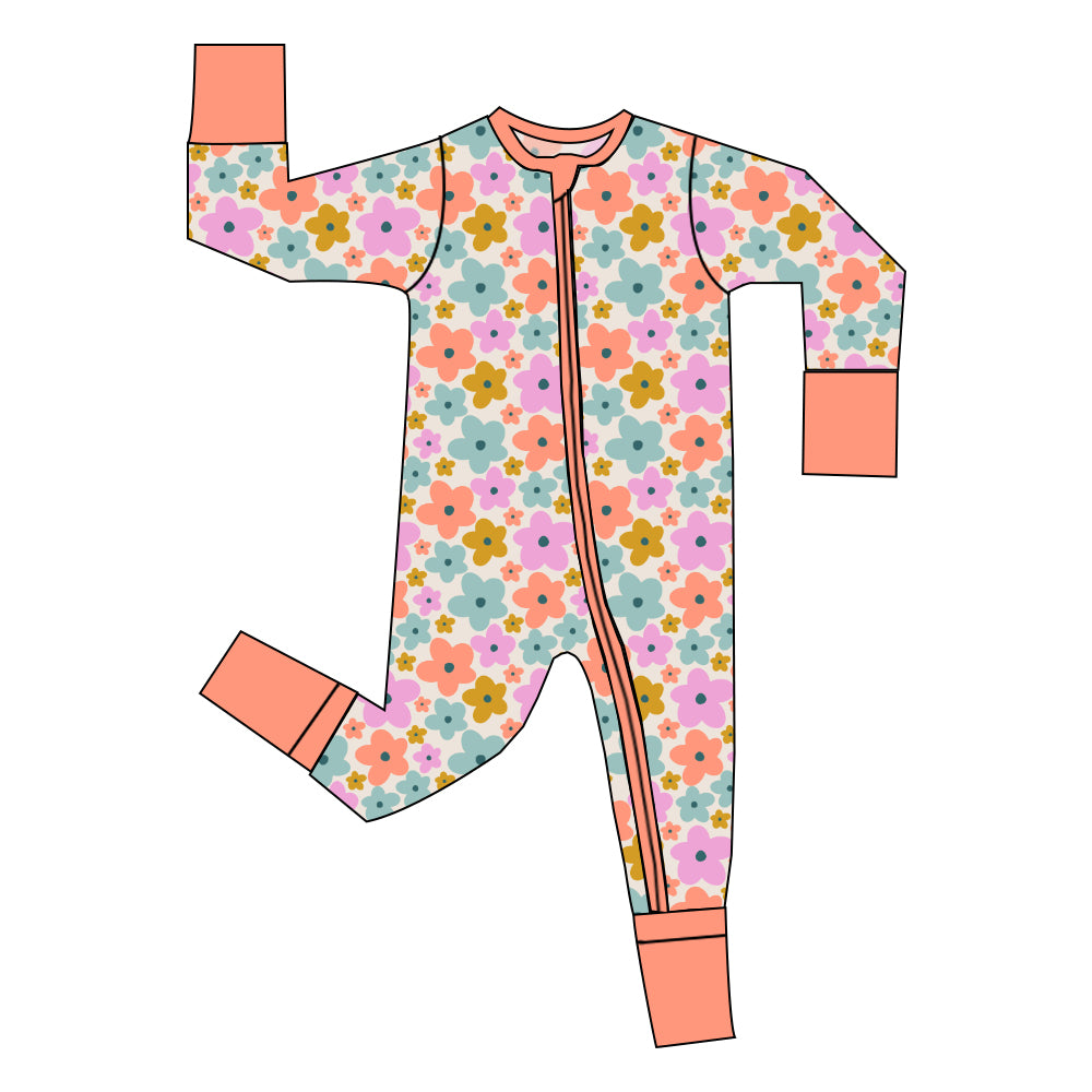 Multicolor floral zip-up baby sleeper with peach cuffs