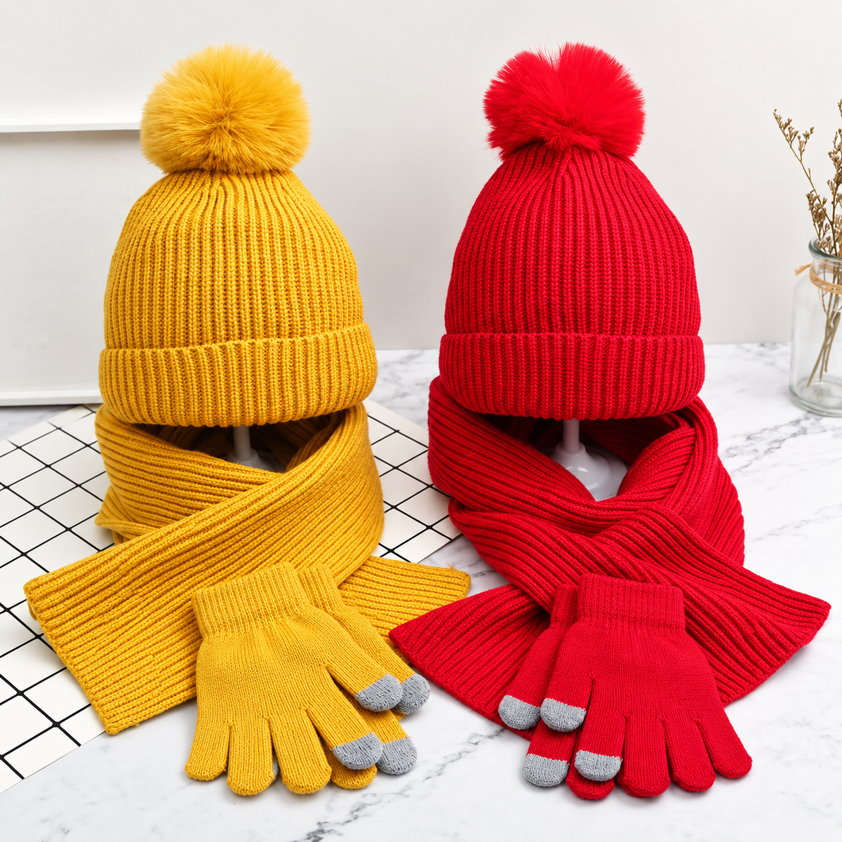 Mustard yellow and red knit hat, scarf and glove sets