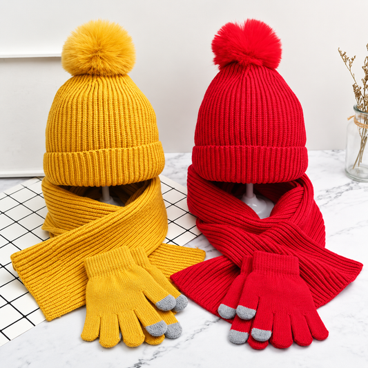 Mustard yellow and red knit hat, scarf and glove sets