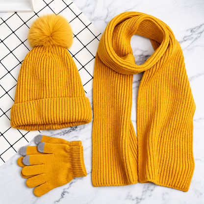 Mustard yellow knit pom-pom hat, scarf and gloves