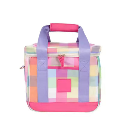 Pastel patchwork lunch bag with pink trim and purple handles