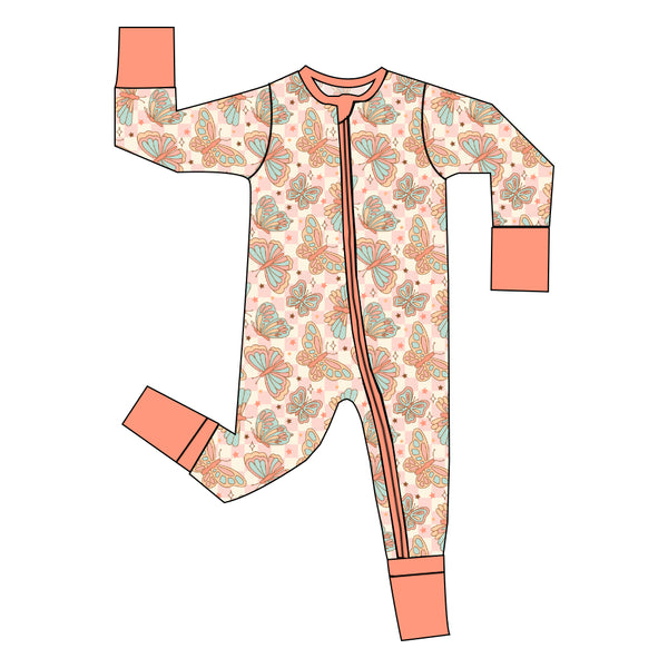 Peach floral zip-up baby sleeper with matching cuffs