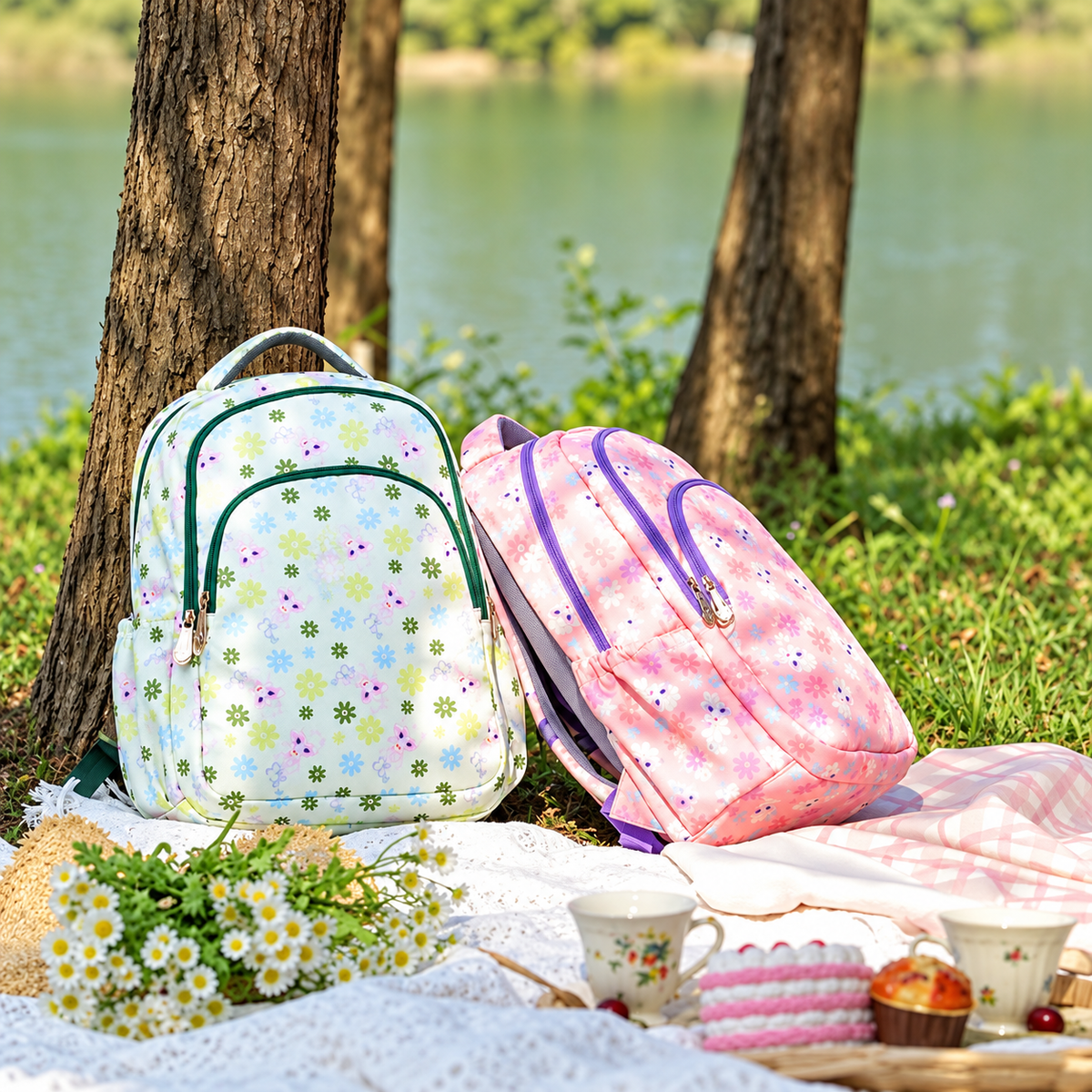 Pink and light green floral school backpacks beside a lakeside picnic
