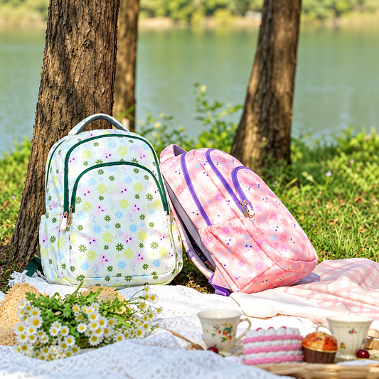 Pink and light green floral school backpacks beside a lakeside picnic