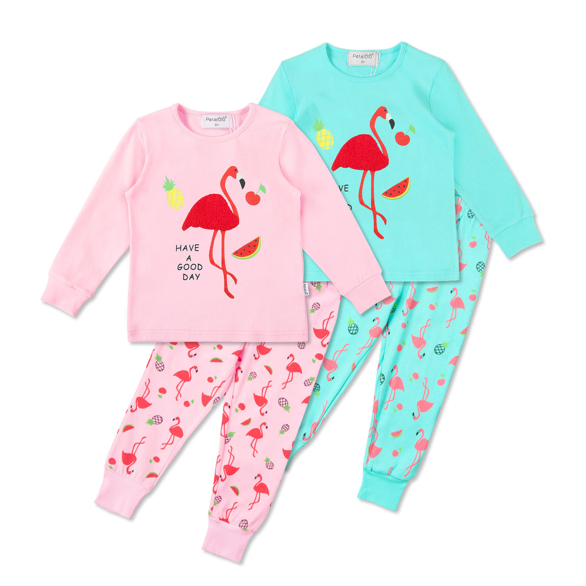 Pink and turquoise flamingo-print pajama sets displayed together