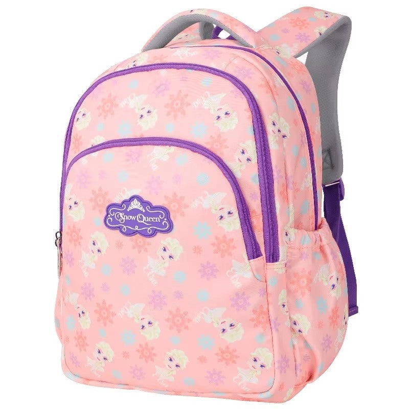 Pink floral school backpack showing front pockets and top handle