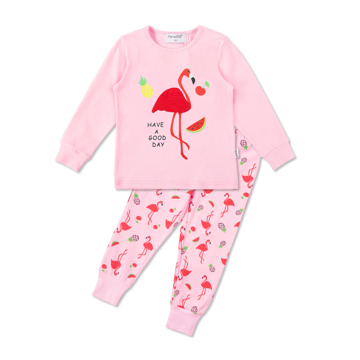 Pink kids pajama top and pants with flamingo print