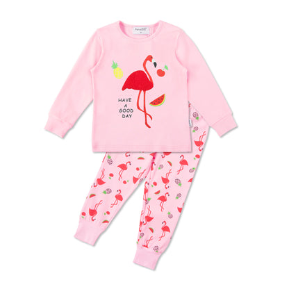 Pink kids pajama top and pants with flamingo print