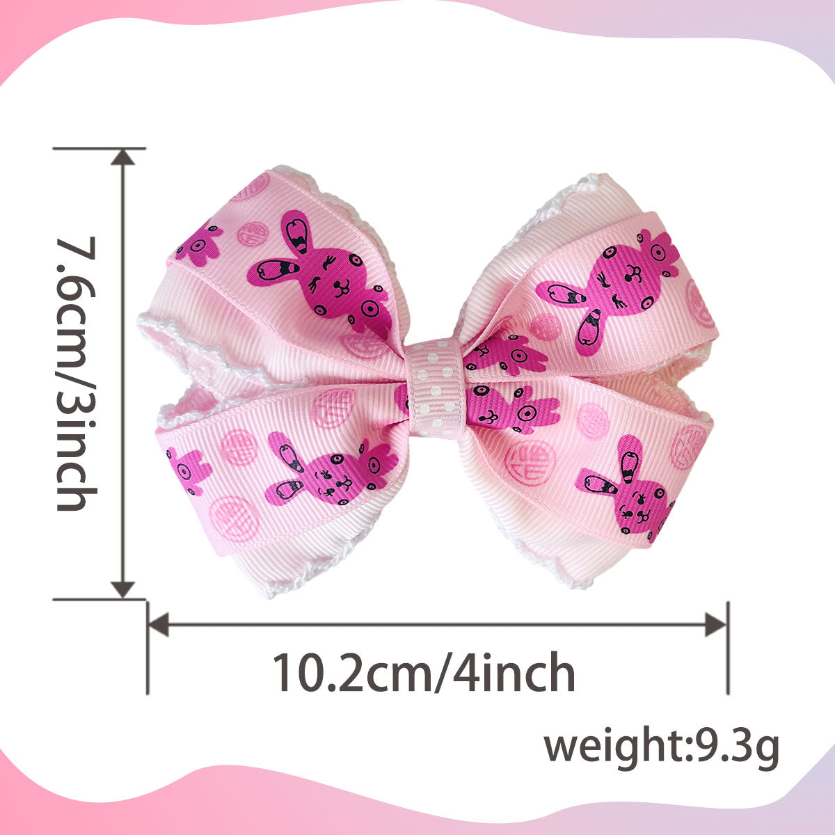 Pink printed bow hair clip with width and height measurements