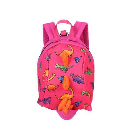 Pink toddler backpack with colorful dinosaur print
