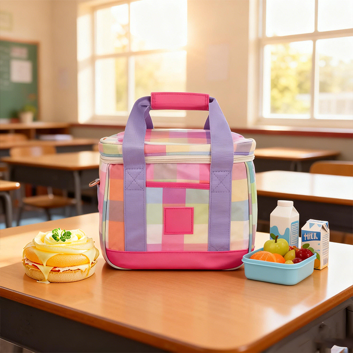 Pink-trimmed patchwork lunch bag on a table beside lunch containers